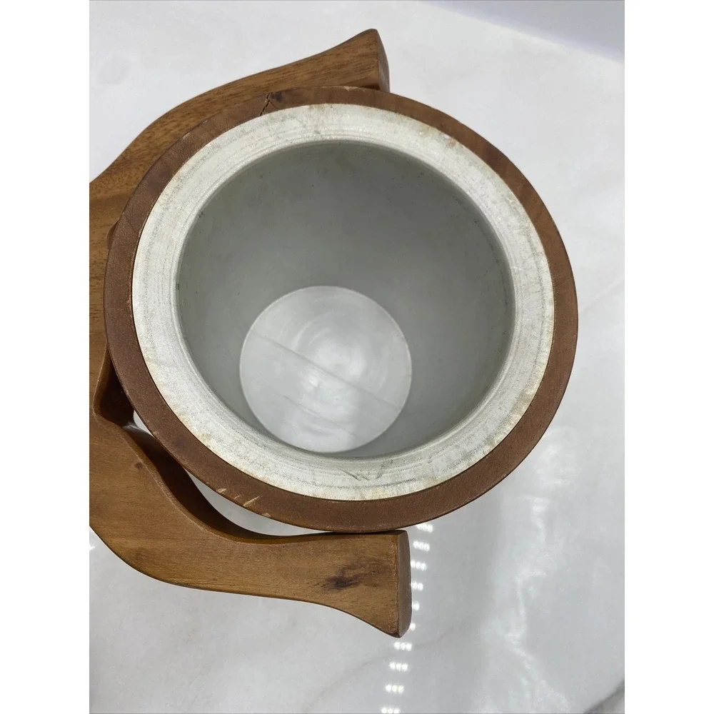Vintage Ice Bucket Teak Wood Hand Carved VILLAGE Made in Philippines HANDLE